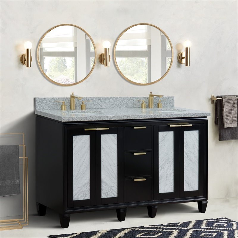 Pemberly Row Double Oval Sink Solid Wood Vanity in Blue/Gray Granite Stone
