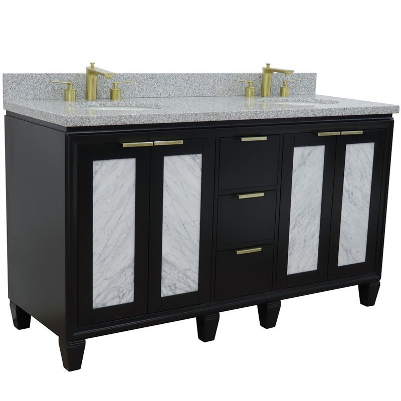 Pemberly Row Double Oval Sink Solid Wood Vanity in Blue/Gray Granite Stone