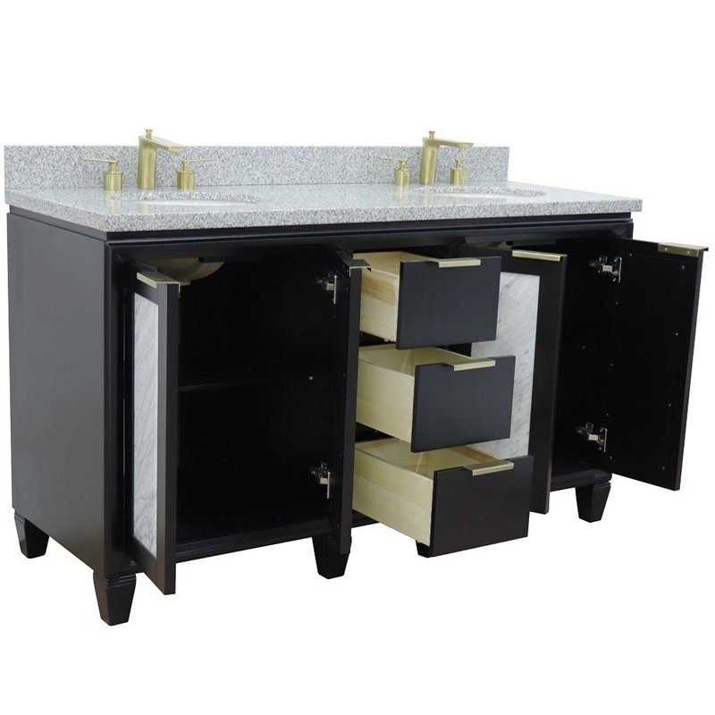 Pemberly Row Double Oval Sink Solid Wood Vanity in Blue/Gray Granite Stone