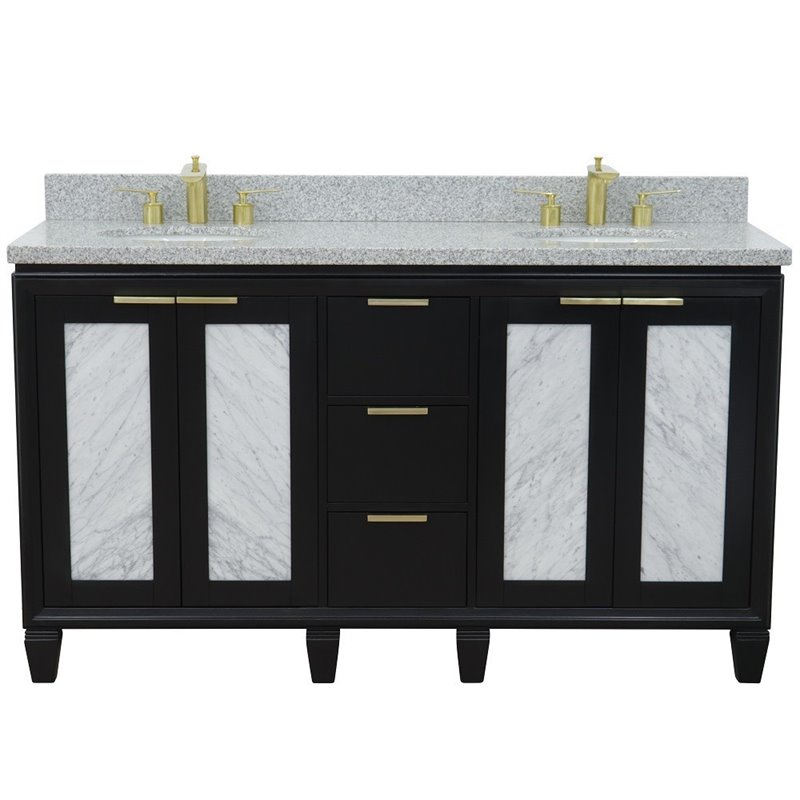 Pemberly Row Double Oval Sink Solid Wood Vanity in Blue/Gray Granite Stone