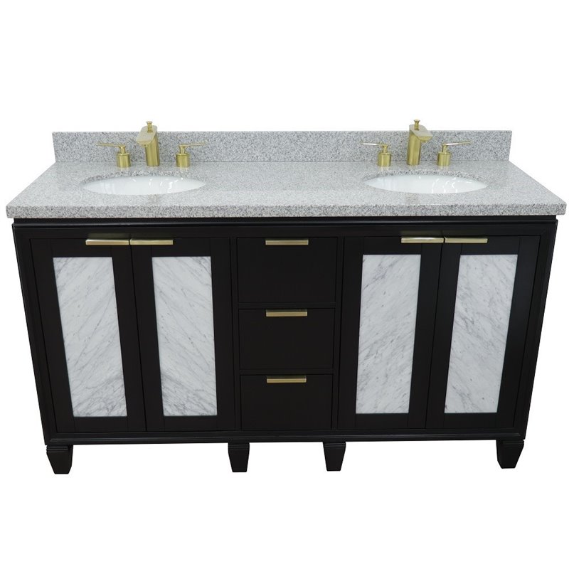Pemberly Row Double Oval Sink Solid Wood Vanity in Blue/Gray Granite Stone