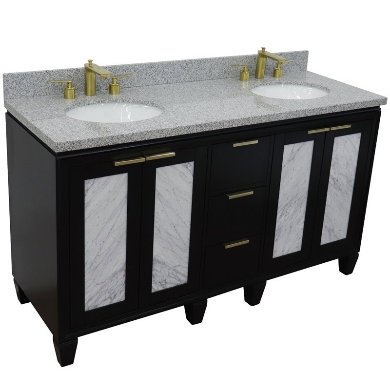 Pemberly Row Double Oval Sink Solid Wood Vanity in Blue/Gray Granite Stone