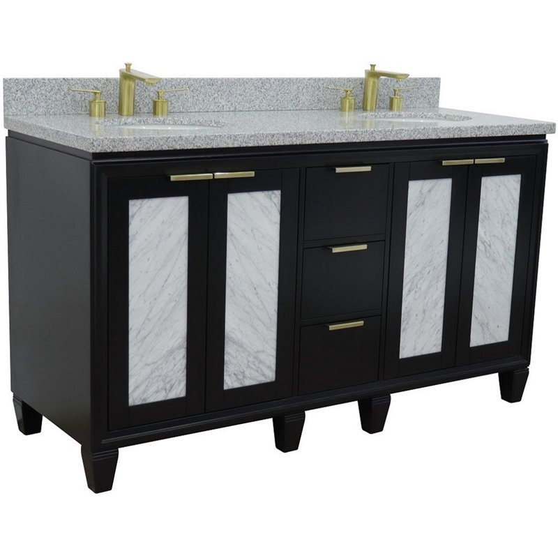 Pemberly Row Double Oval Sink Solid Wood Vanity in Blue/Gray Granite Stone