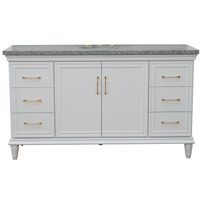Pemberly Row 61 in. Single Wooden Vanity White with Gray Granite Oval Sink