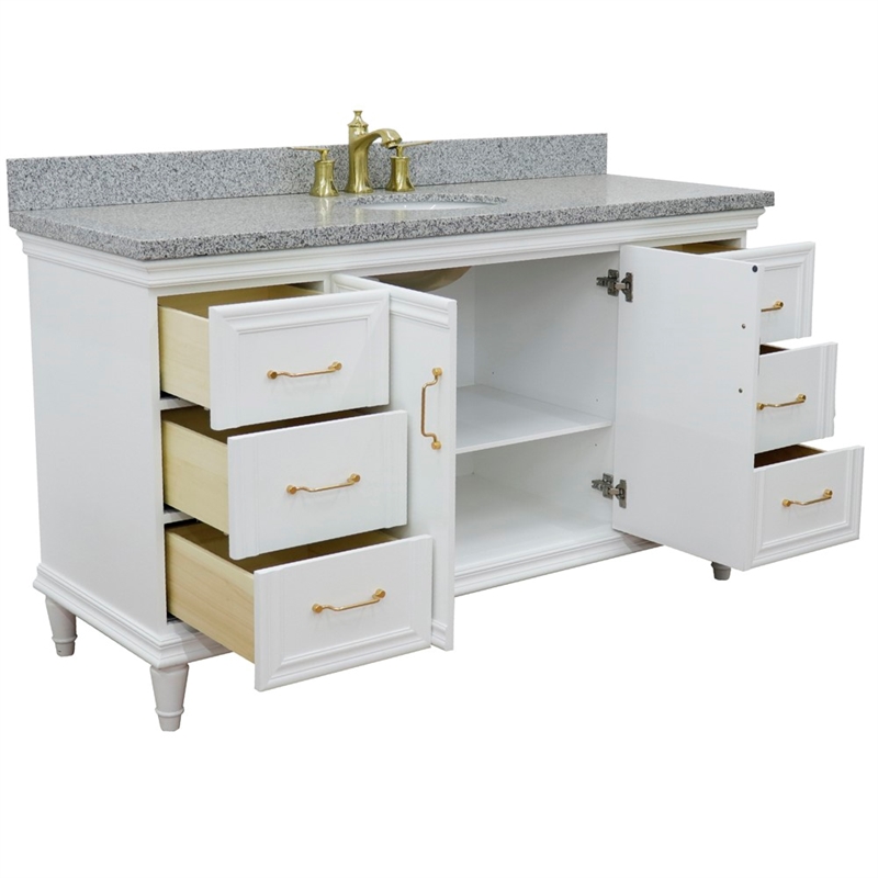 Pemberly Row 61 in. Single Wooden Vanity White with Gray Granite Oval Sink