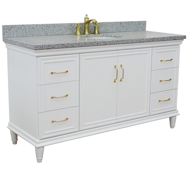 Pemberly Row 61 in. Single Wooden Vanity White with Gray Granite Oval Sink