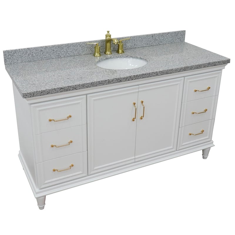 Pemberly Row 61 in. Single Wooden Vanity White with Gray Granite Oval Sink