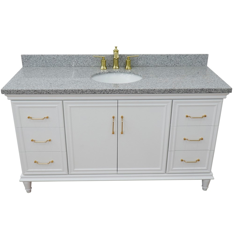 Pemberly Row 61 in. Single Wooden Vanity White with Gray Granite Oval Sink