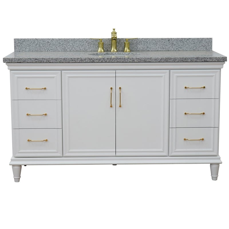 Pemberly Row 61 in. Single Wooden Vanity White with Gray Granite Oval Sink