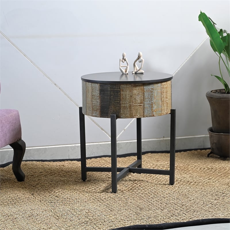 Pemberly Row Round Storage End Table made with Mango Wood in Rustic Vintage