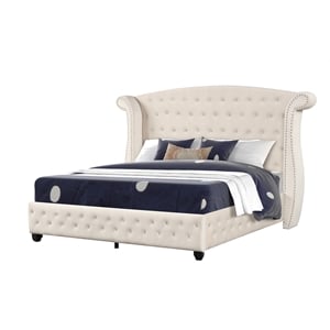 Pemberly Row Crystal Tufted Modern Queen Bed made with Wood in Cream