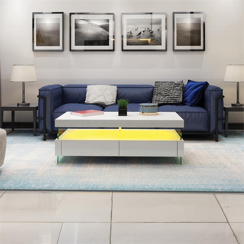 Pemberly Row Modern Coffee Table Bult-in LED Made with Wood in White