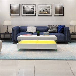 Pemberly Row Modern Coffee Table Bult-in LED Made with Wood in White