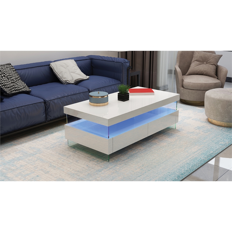 Pemberly Row Modern Coffee Table Bult-in LED Made with Wood in White