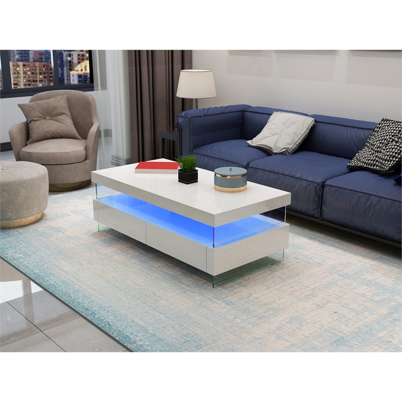 Pemberly Row Modern Coffee Table Bult-in LED Made with Wood in White