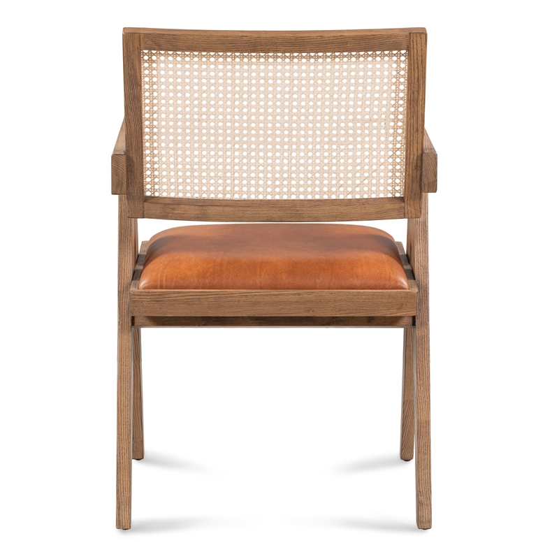 Pemberly Row Tan Top-Grain Leather & Wood Dining Chair with Rattan Back