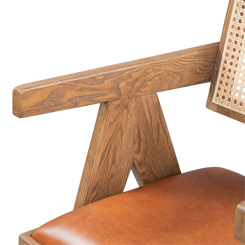 Pemberly Row Tan Top-Grain Leather & Wood Dining Chair with Rattan Back