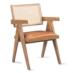 Pemberly Row Tan Top-Grain Leather & Wood Dining Chair with Rattan Back