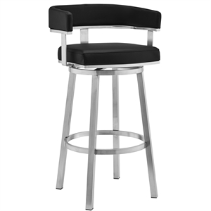 Pemberly Row 30&quot Faux Leather Swivel Bar Stool in Black/Stainless Steel