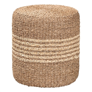 Pemberly Row Round Seagrass Rattan Ottoman Footstool in Natural Brown