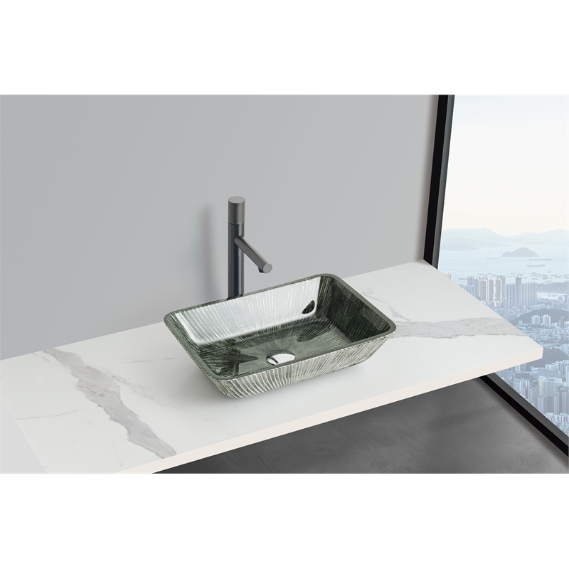 Pemberly Row Rectangular Tempered Glass Vessel Bathroom Sink in Green
