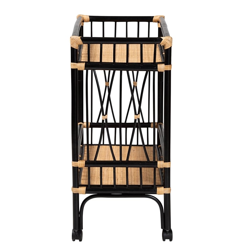 Pemberly Row Two-Tone Black and Natural Brown Rattan 2-Tier Kitchen Cart