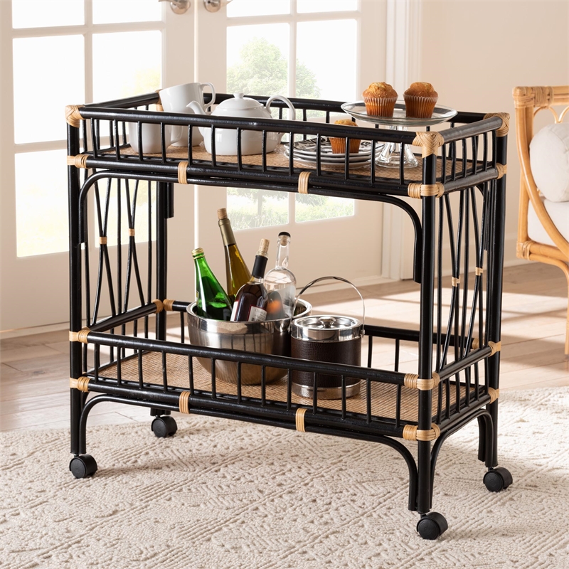 Pemberly Row Two-Tone Black and Natural Brown Rattan 2-Tier Kitchen Cart