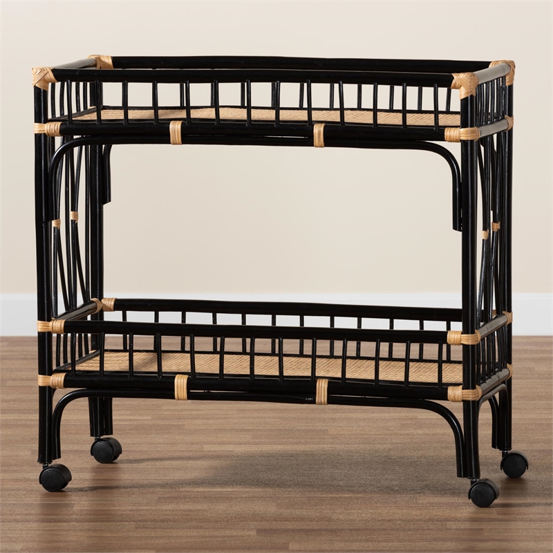 Pemberly Row Two-Tone Black and Natural Brown Rattan 2-Tier Kitchen Cart