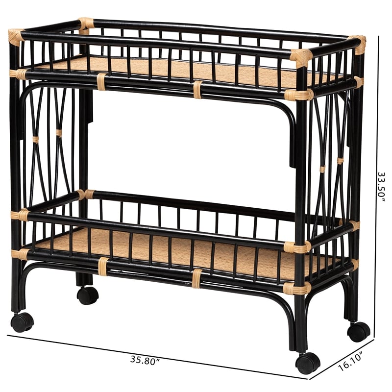 Pemberly Row Two-Tone Black and Natural Brown Rattan 2-Tier Kitchen Cart