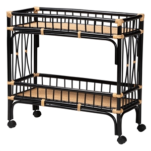 Pemberly Row Two-Tone Black and Natural Brown Rattan 2-Tier Kitchen Cart
