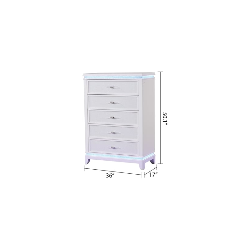 Pemberly Row Modern 5-Drawer Chest Made with Wood and LED in Milky White