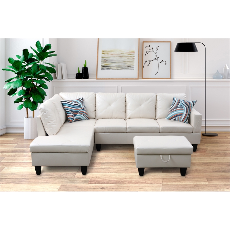Pemberly Row L Shaped White Couch with Ottoman(Pillows Included) Microfiber