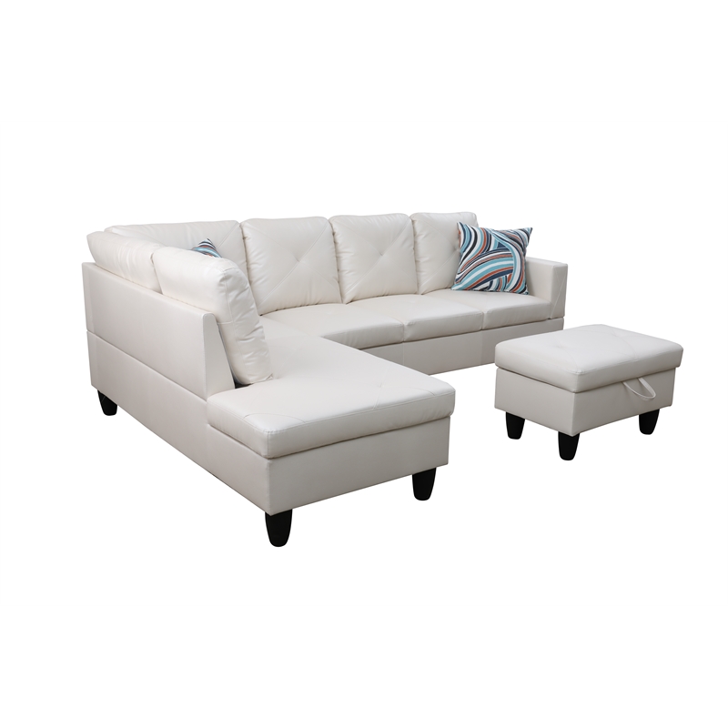 Pemberly Row L Shaped White Couch with Ottoman(Pillows Included) Microfiber