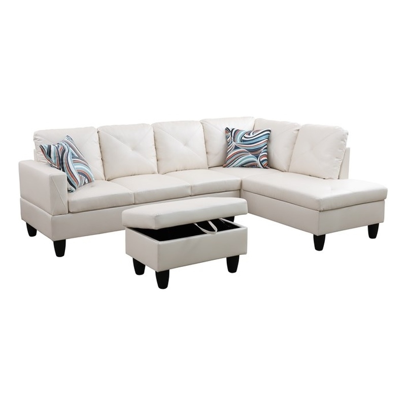 Pemberly Row L Shaped White Couch with Ottoman(Pillows Included) Microfiber