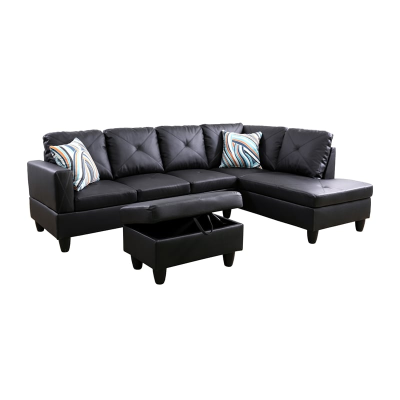 Pemberly Row L Shaped Black Couch with Ottoman(Pillows Included) Microfiber