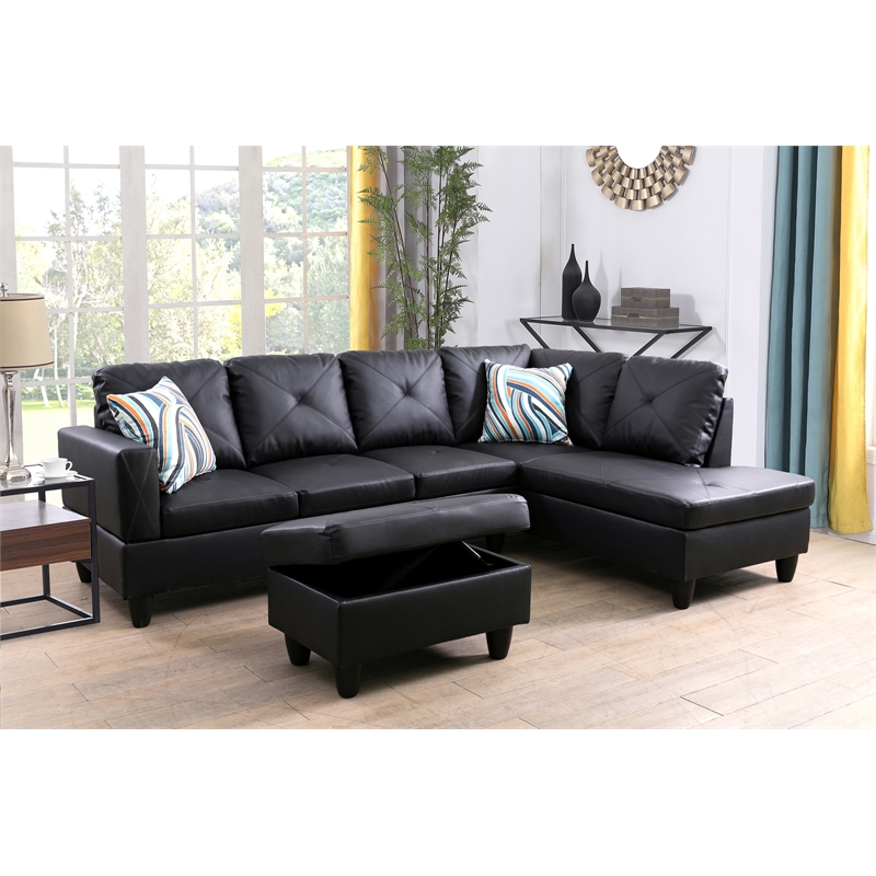 Pemberly Row L Shaped Black Couch with Ottoman(Pillows Included) Microfiber