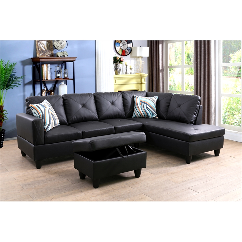 Pemberly Row L Shaped Black Couch with Ottoman(Pillows Included) Microfiber