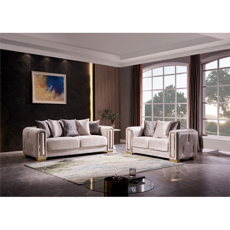 Pemberly Row Thick Velvet Fabric 2Pc Living Room Set Made With Wood in Beige