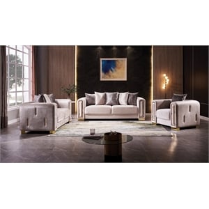 Pemberly Row Thick Velvet Fabric 3Pc Living Room Set Made With Wood in Beige
