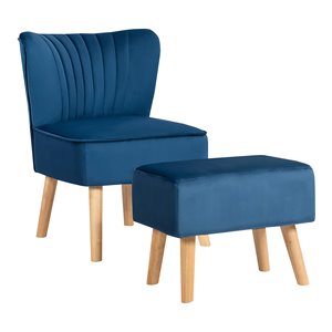 Pemberly Row Thick Padded Velvet Tufted Leisure Chair and Ottoman Set in Blue