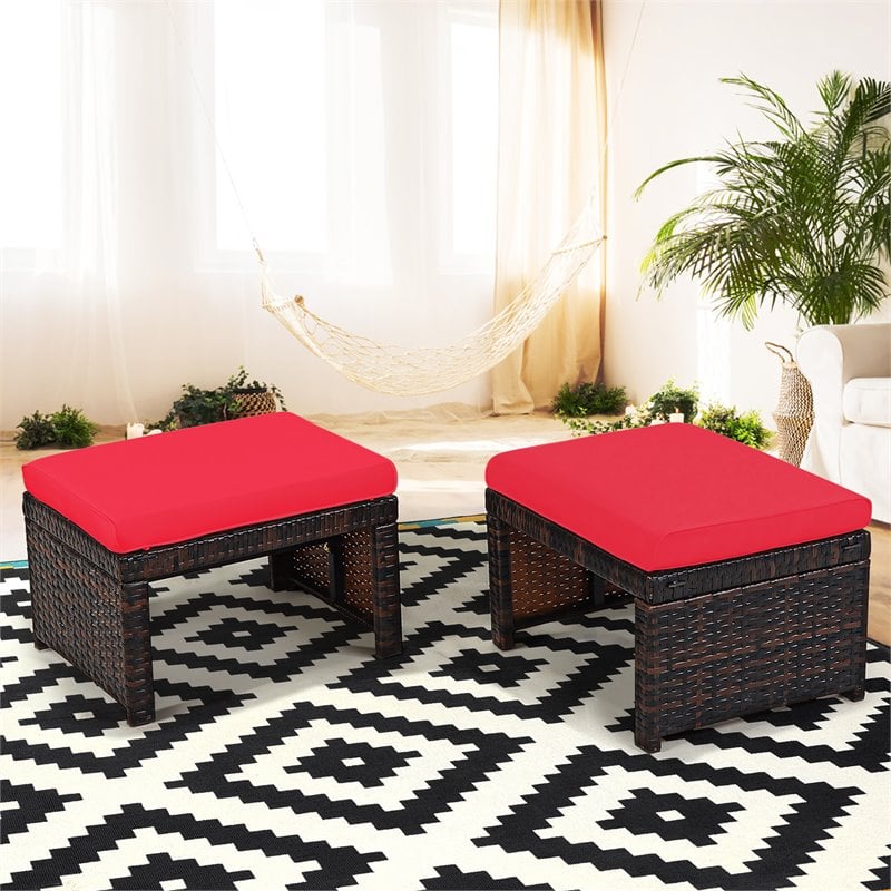 Pemberly Row Patio Rattan Ottomans/Footrests in Red Cushioned Seat (Set of 2)