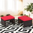 Pemberly Row Patio Rattan Ottomans/Footrests in Red Cushioned Seat (Set of 2)