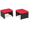 Pemberly Row Patio Rattan Ottomans/Footrests in Red Cushioned Seat (Set of 2)