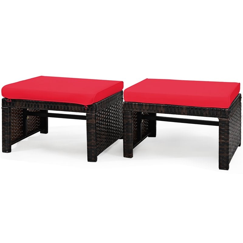 Pemberly Row Patio Rattan Ottomans/Footrests in Red Cushioned Seat (Set of 2)