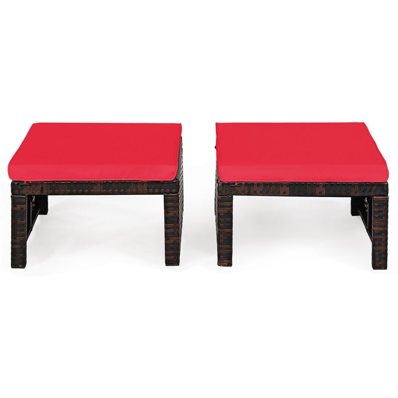 Pemberly Row Patio Rattan Ottomans/Footrests in Red Cushioned Seat (Set of 2)