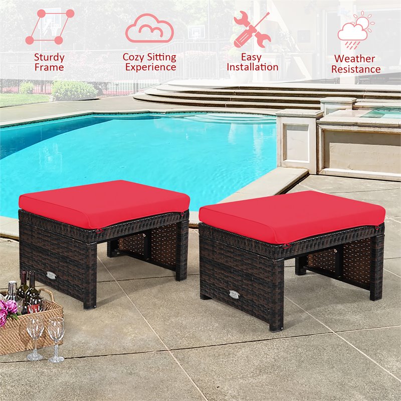 Pemberly Row Patio Rattan Ottomans/Footrests in Red Cushioned Seat (Set of 2)