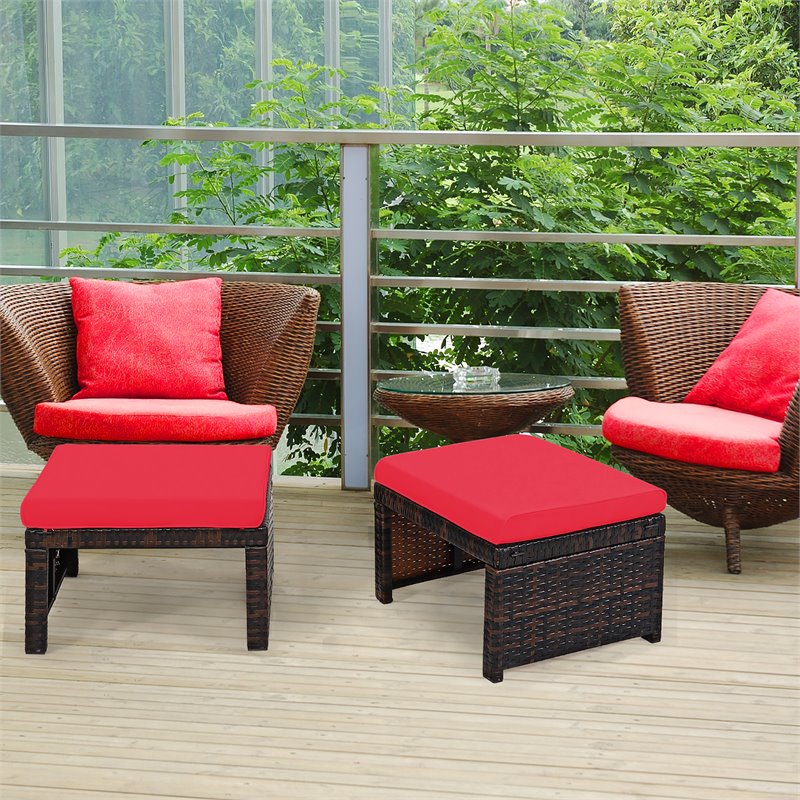 Pemberly Row Patio Rattan Ottomans/Footrests in Red Cushioned Seat (Set of 2)