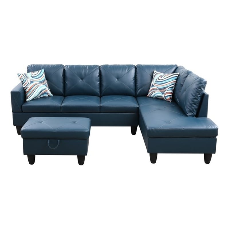 Pemberly Row L Shaped Denim Couch w/ Storage Ottoman(Pillows Included)
