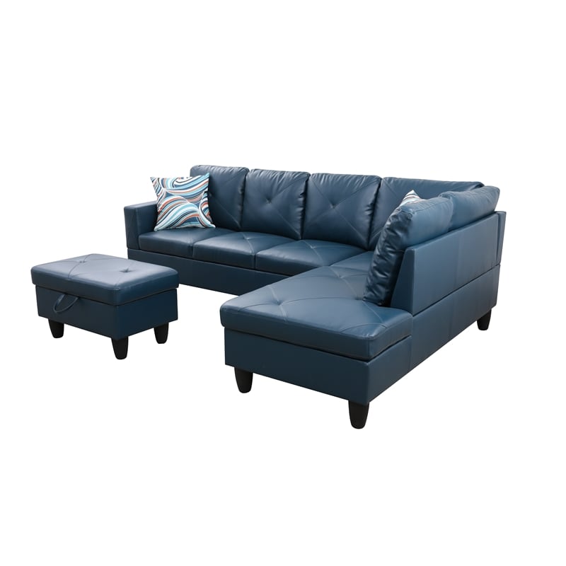 Pemberly Row L Shaped Denim Couch w/ Storage Ottoman(Pillows Included)
