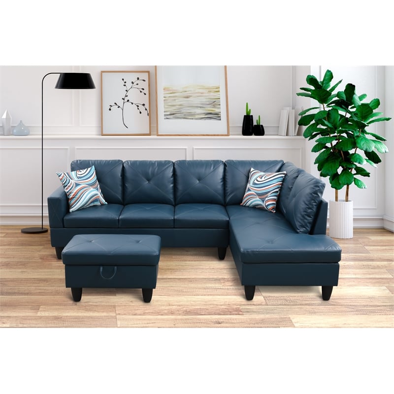 Pemberly Row L Shaped Denim Couch w/ Storage Ottoman(Pillows Included)